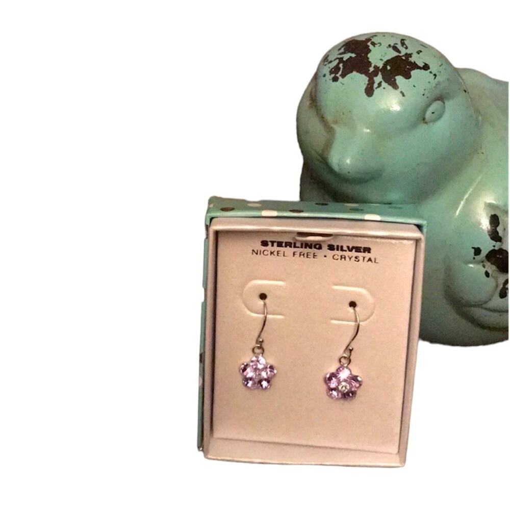 NIB Sterling silver wire earrings Nickel free w/lavender crystals dangle flower